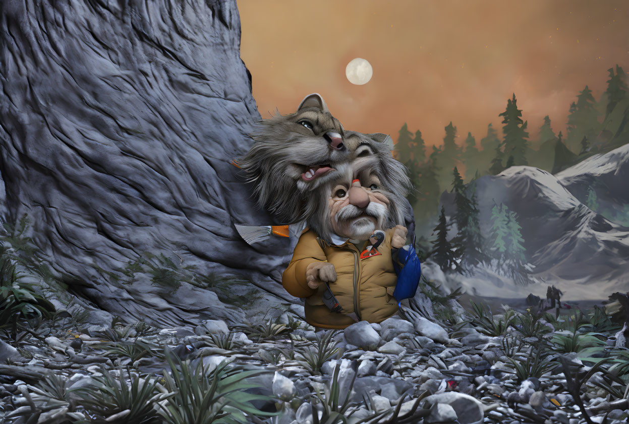 Animated cats in human attire embrace in rocky landscape with forest and mountains at twilight