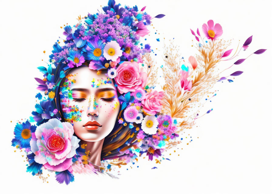 Woman's face adorned with colorful flowers and feathers