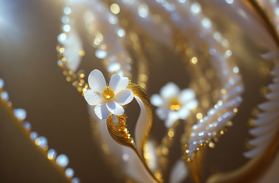 White Flower with Golden Stamens Surrounded by Pearls and Golden Swirls