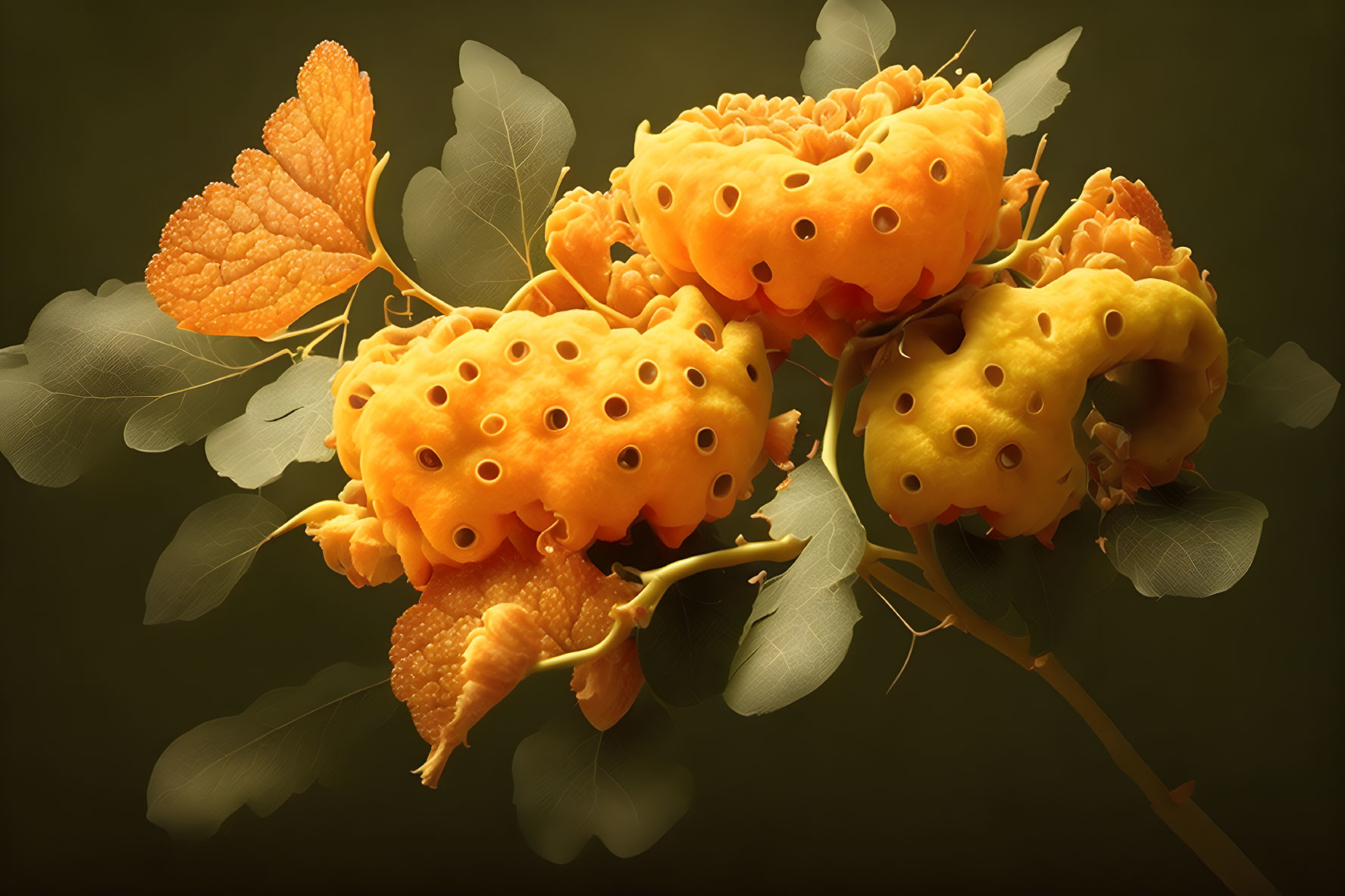 Vibrant yellow-orange Buddha's hand citrus fruit on branch with green leaves