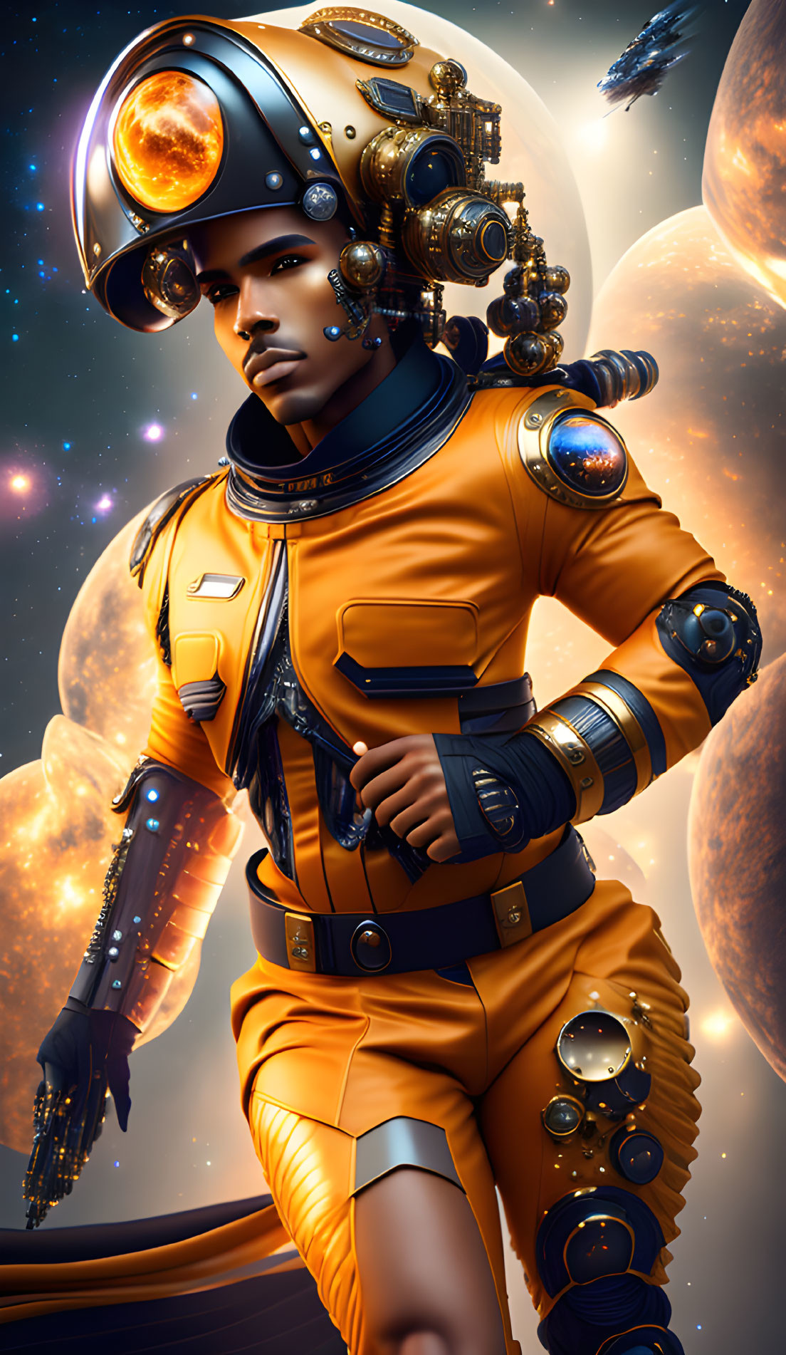 Futuristic astronaut in orange suit with complex helmet in cosmic backdrop.