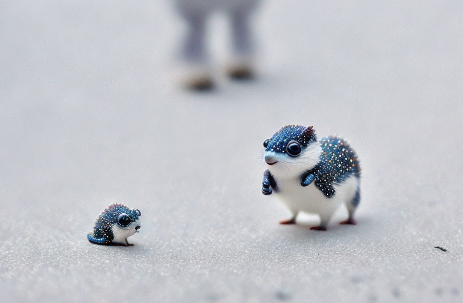 Two small blue hedgehog figurines on gray surface, one smaller than the other, blurred background.