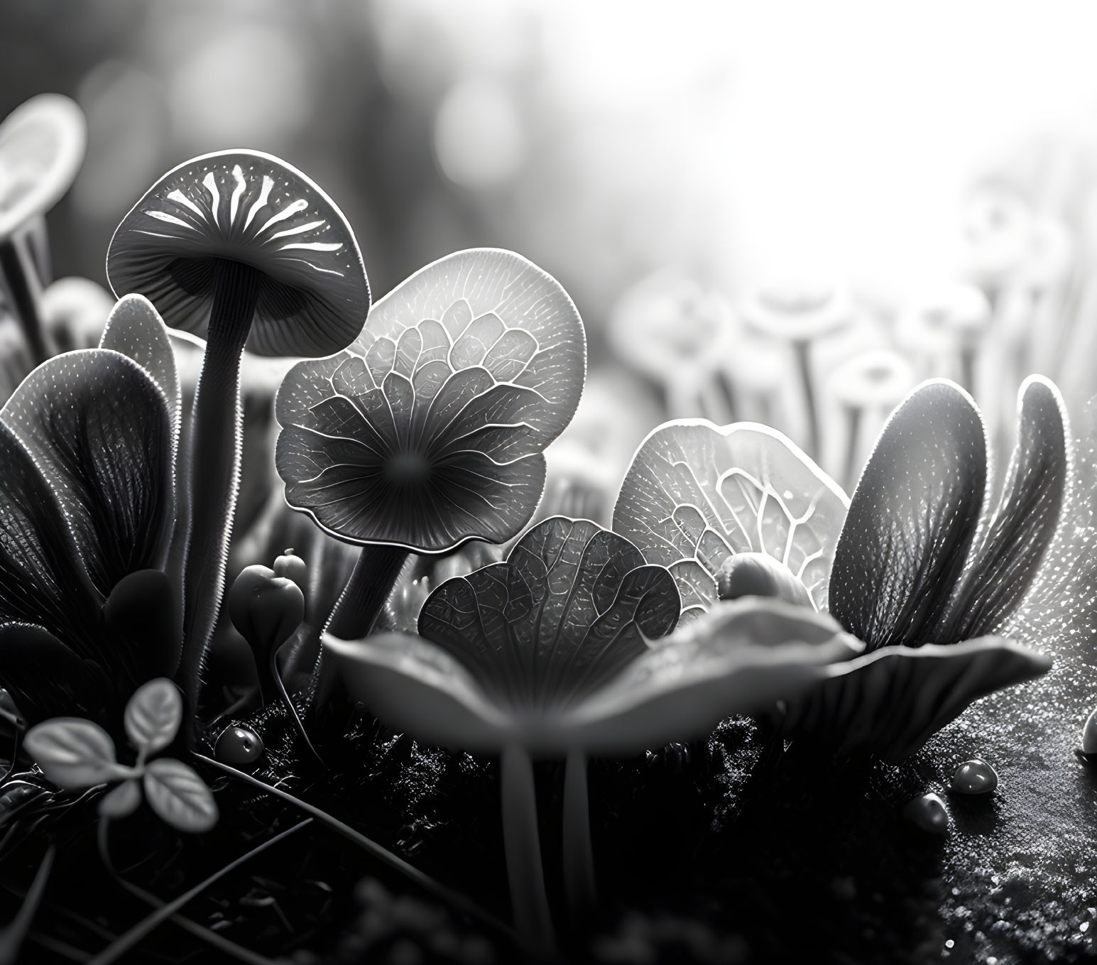 Monochrome close-up of mushrooms, plants, and water droplets