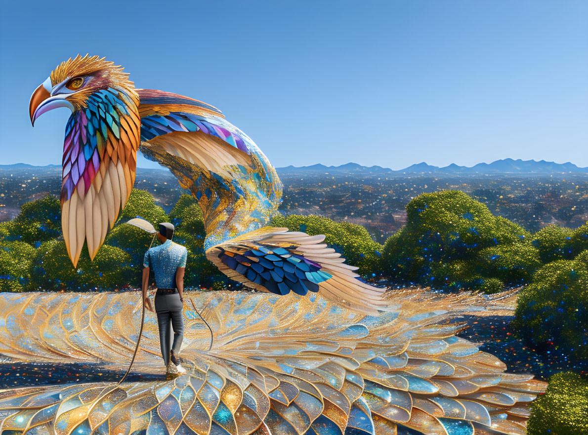 Colorful artistic bird painting against blue sky and hills