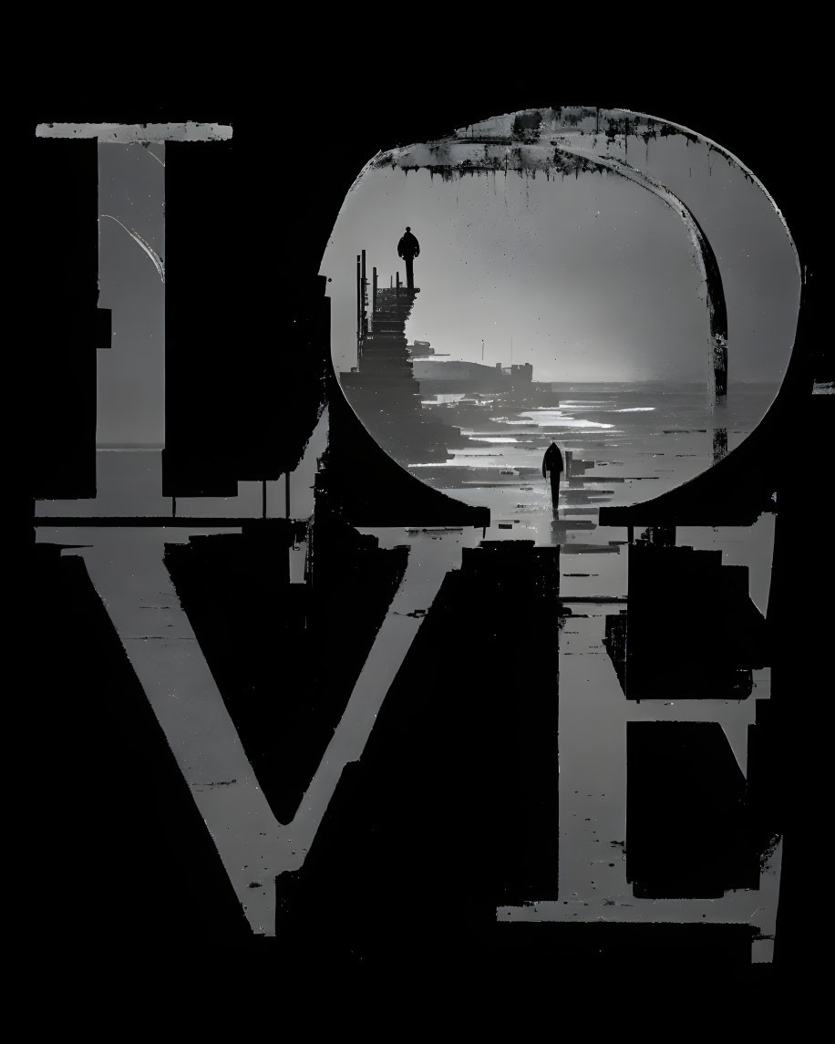 Monochrome artwork featuring "LOVE" with an aperture and beach scene