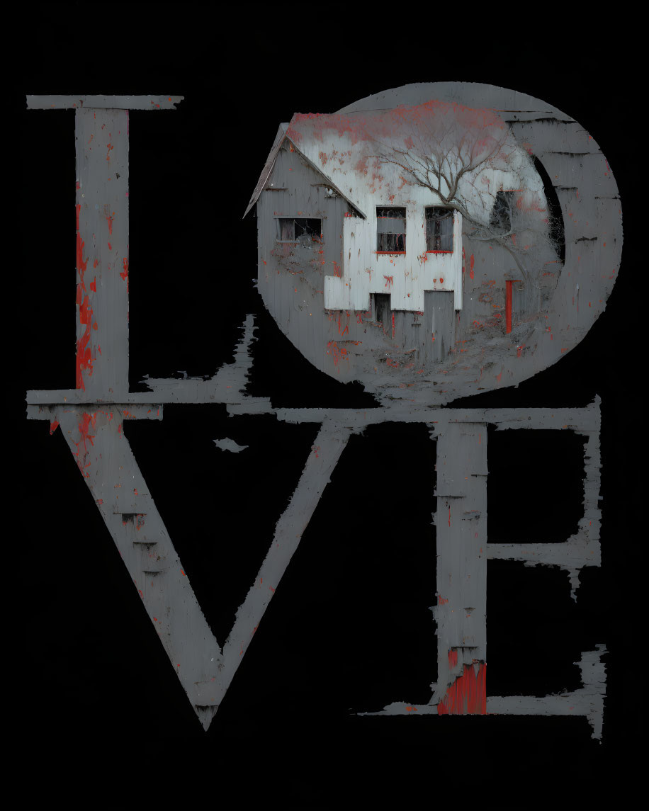 Textured "LOVE" graphic with haunting house image on dark background