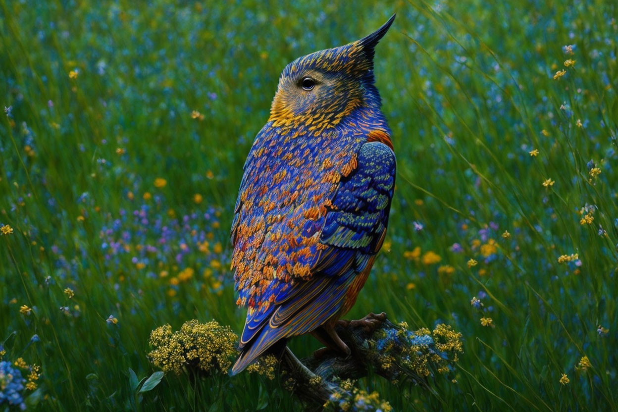 Colorful Owl Artwork Against Green Field with Flowers