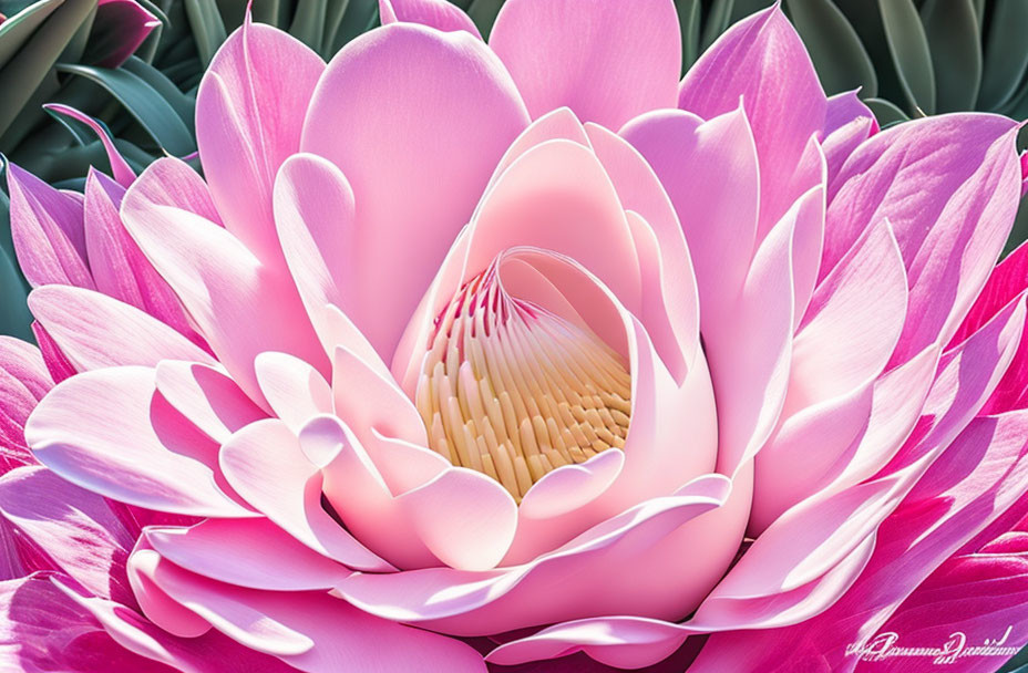 Vibrant Pink Lotus Flower Close-Up with Delicate Petals and Green Foliage