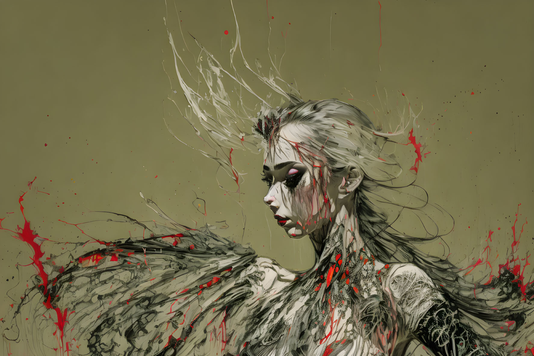 Dynamic red splashes on female figure against muted background