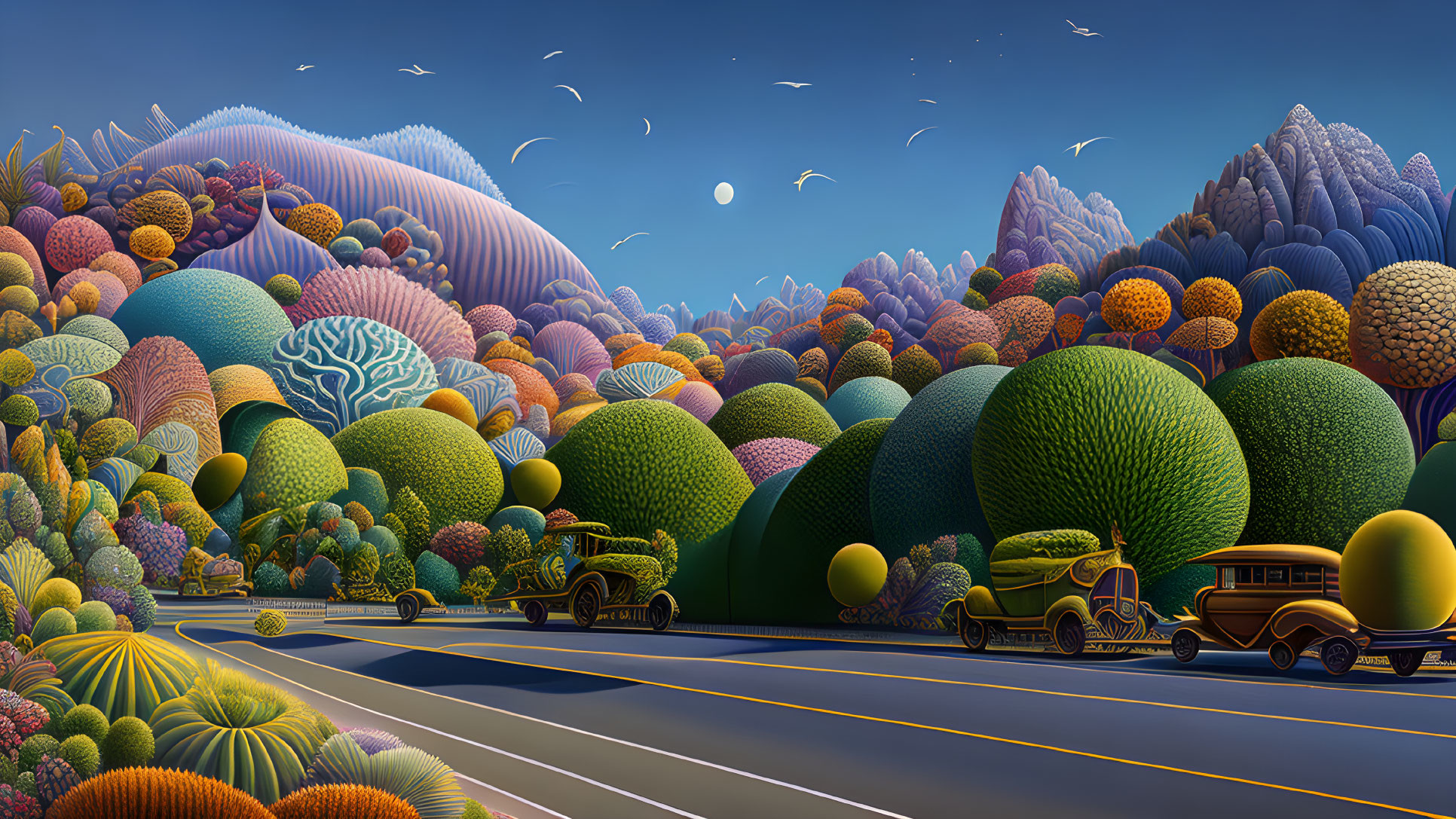 Colorful surreal landscape with vintage cars, stylized foliage, seagulls, and moon