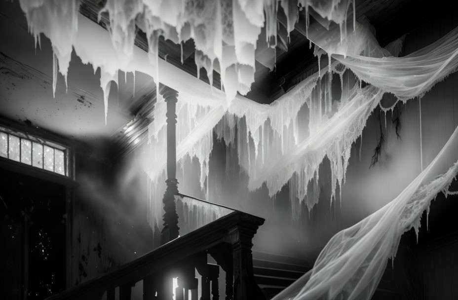 Eerie black and white photo of abandoned interior with tattered drapes and candle wax stalactites