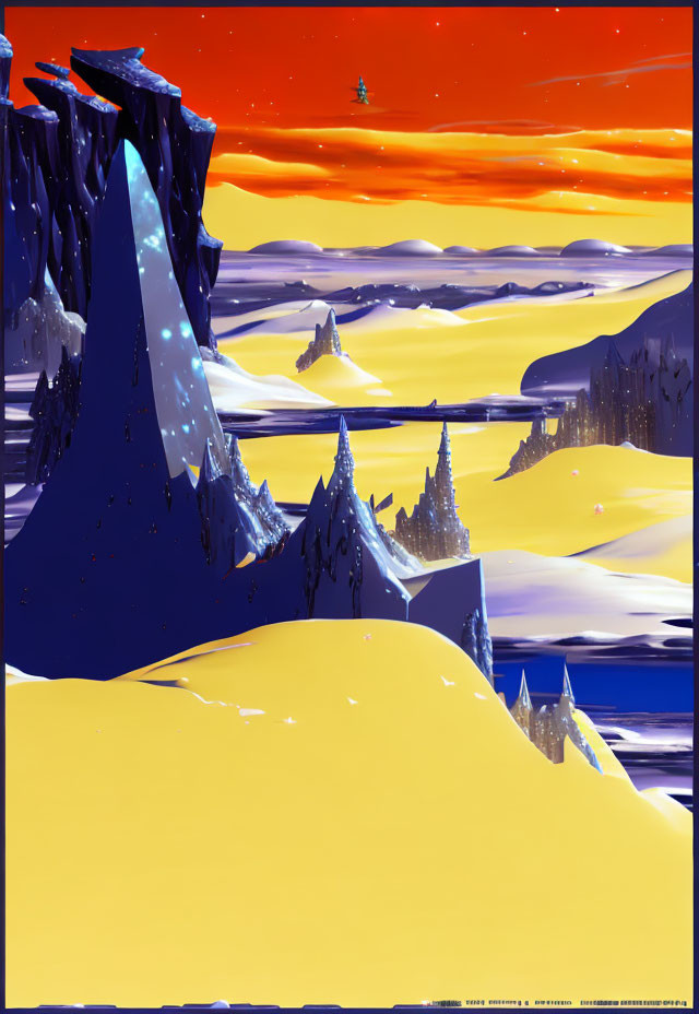 Stylized landscape with blue ice formations, golden foreground, and colorful sky.