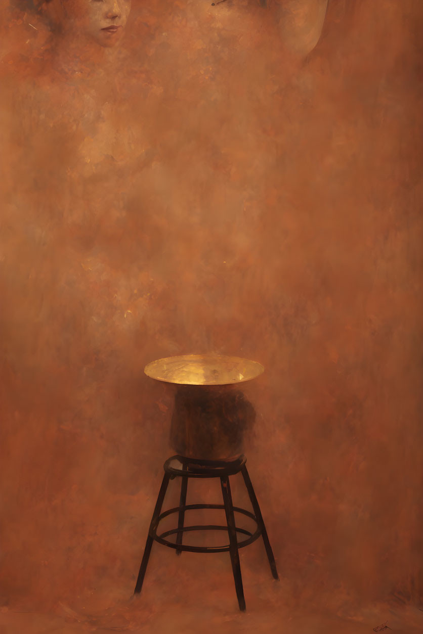 Abstract Warm-Toned Painting with Three-Legged Stool