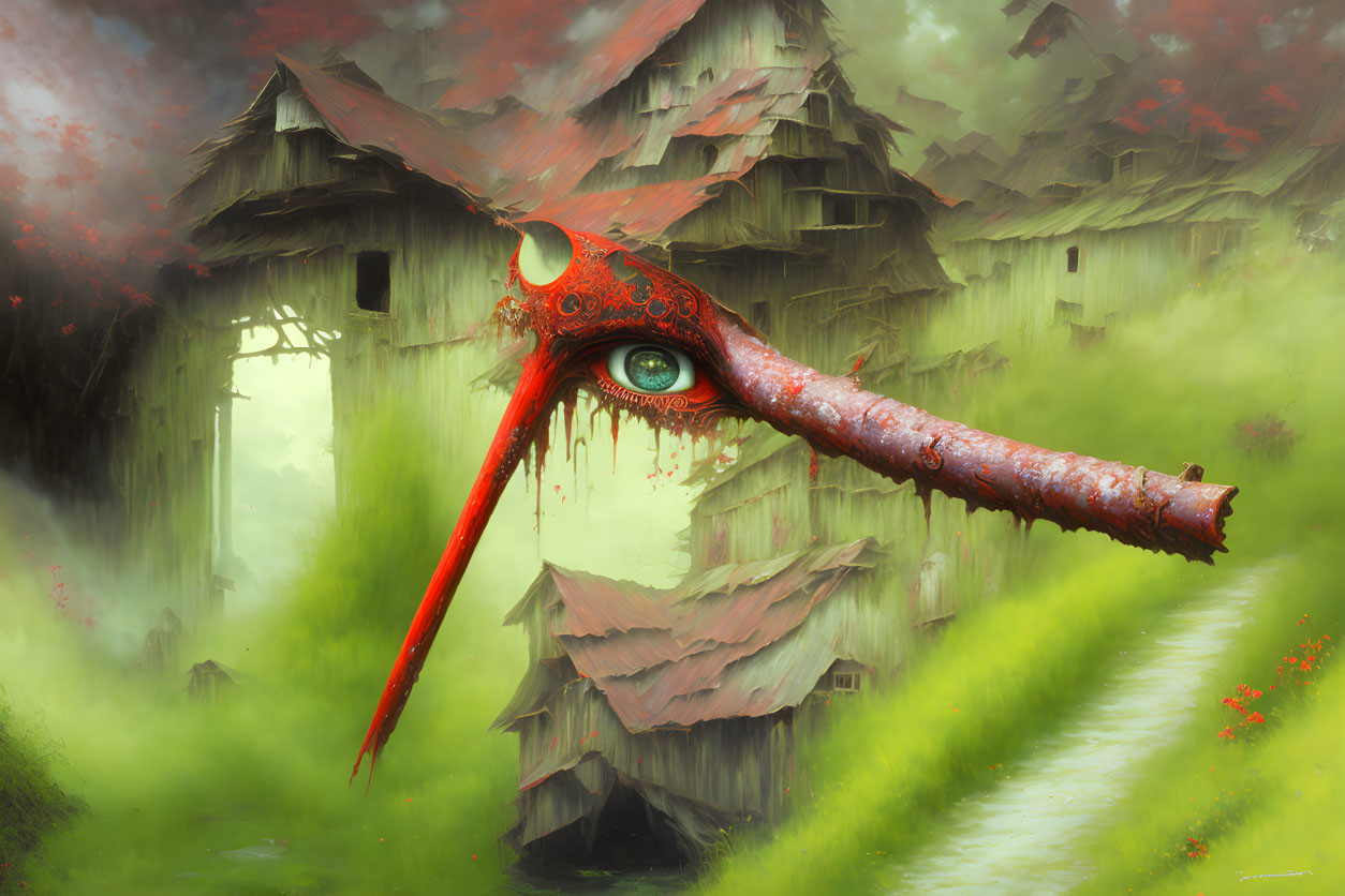 Surreal village illustration with fog, colorful monstrous eye and tentacle