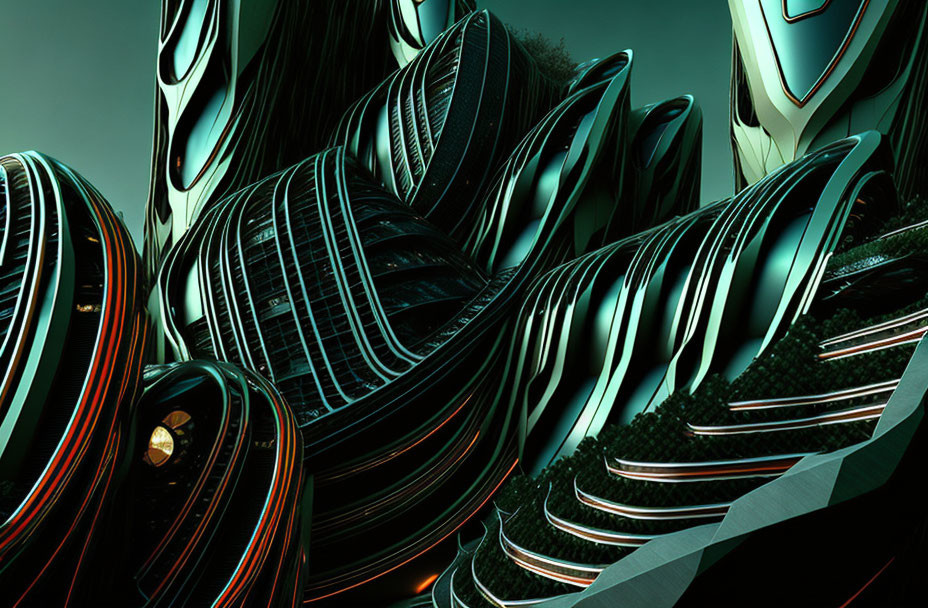 Abstract digital artwork: Metallic structure with dark green, black, and orange accents