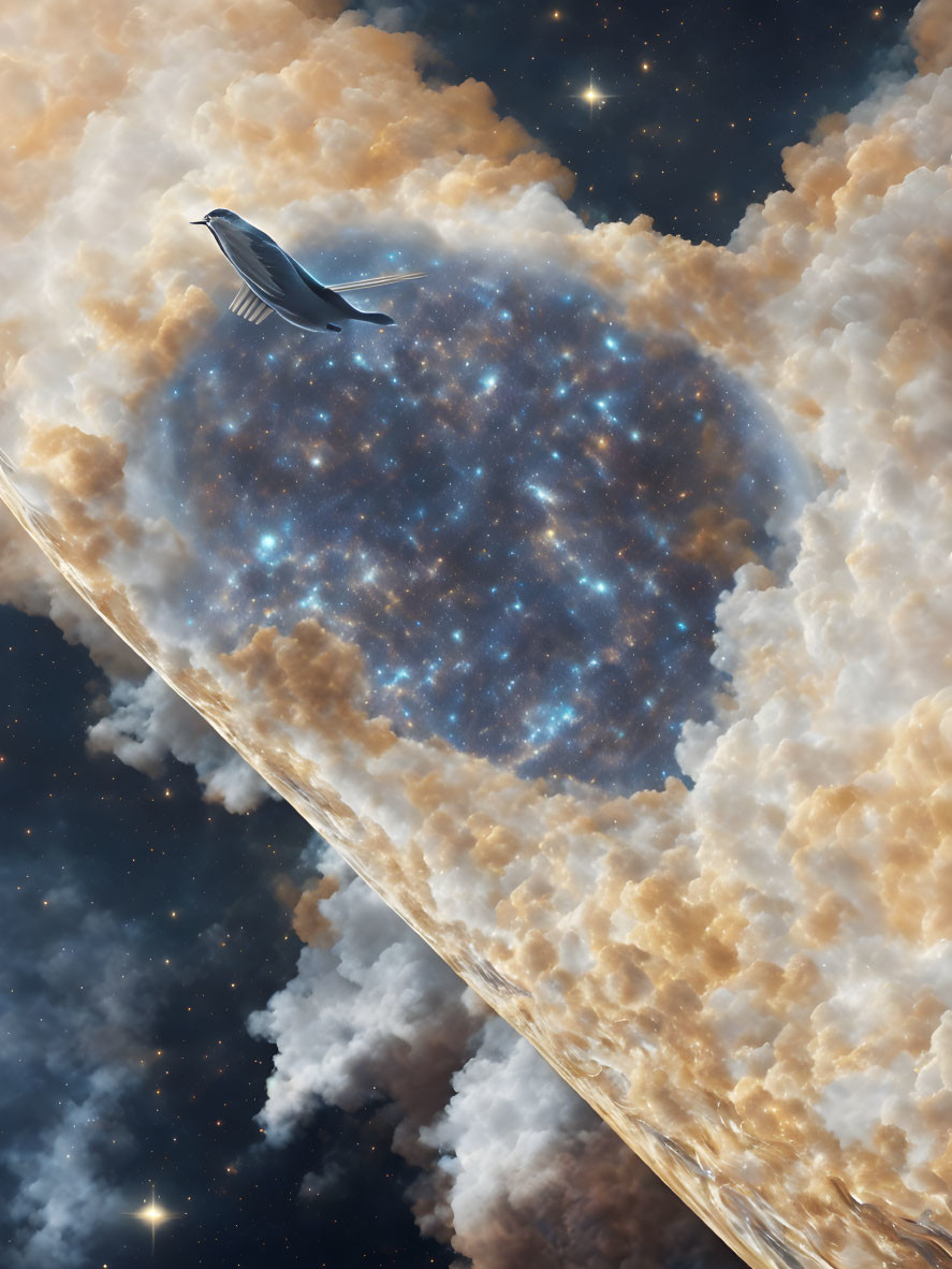 Bird in flight against cosmic nebulae and cloud formations