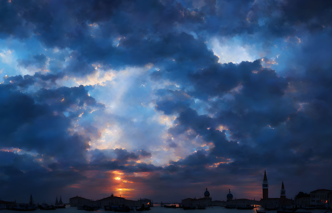 Fiery orange sunset over silhouette skyline with domes and spires