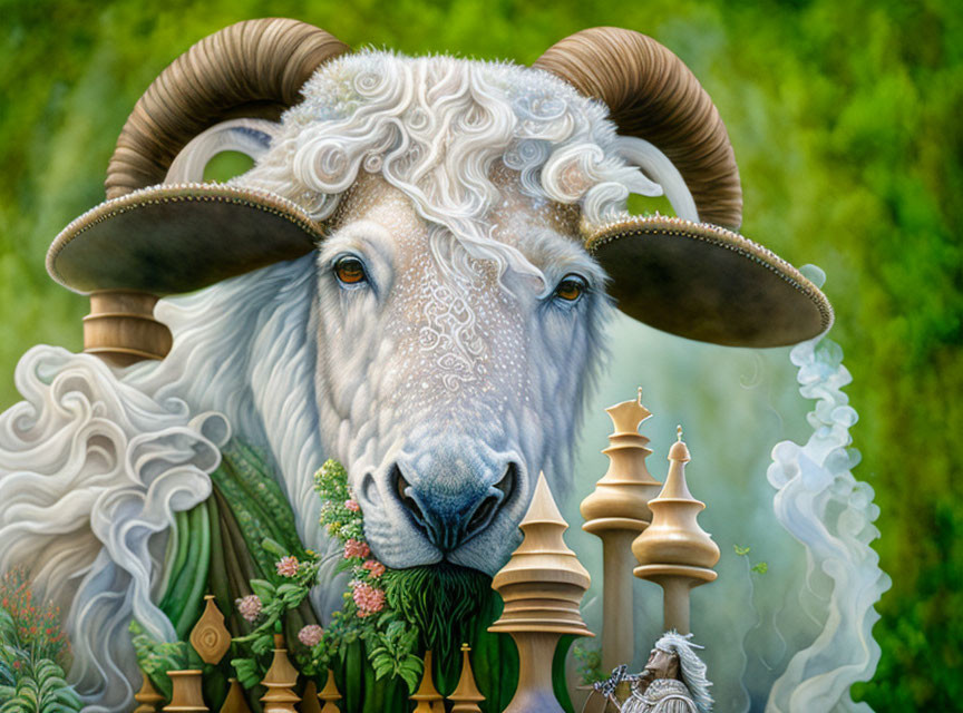 Surreal ram illustration with ornate horns, chess pieces, and vibrant flora