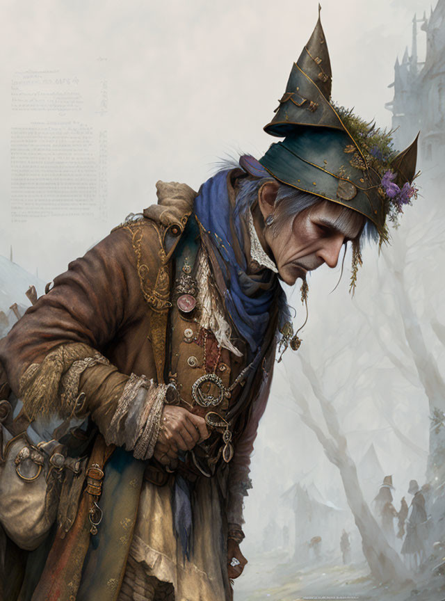 Medieval fantasy character in feathered cap and jewelry in misty forest