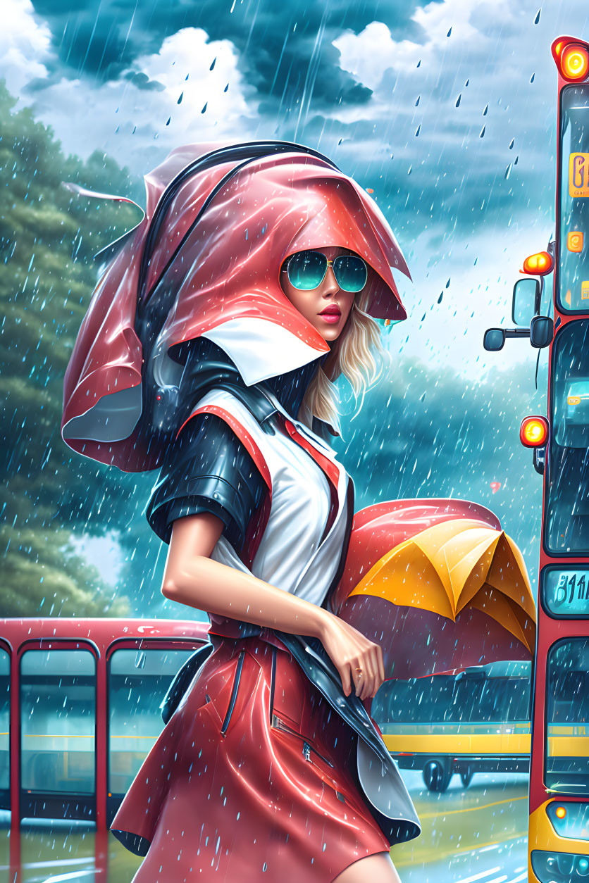 Fashionable woman in red hooded outfit and sunglasses walking in rain with yellow umbrella and city backdrop.