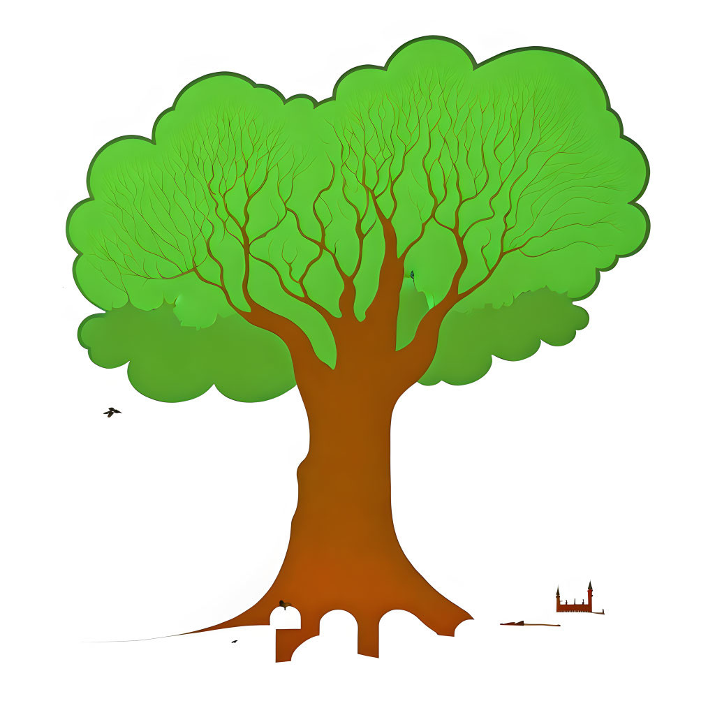 Detailed Illustration of Large Green Tree with Silhouettes and Bird