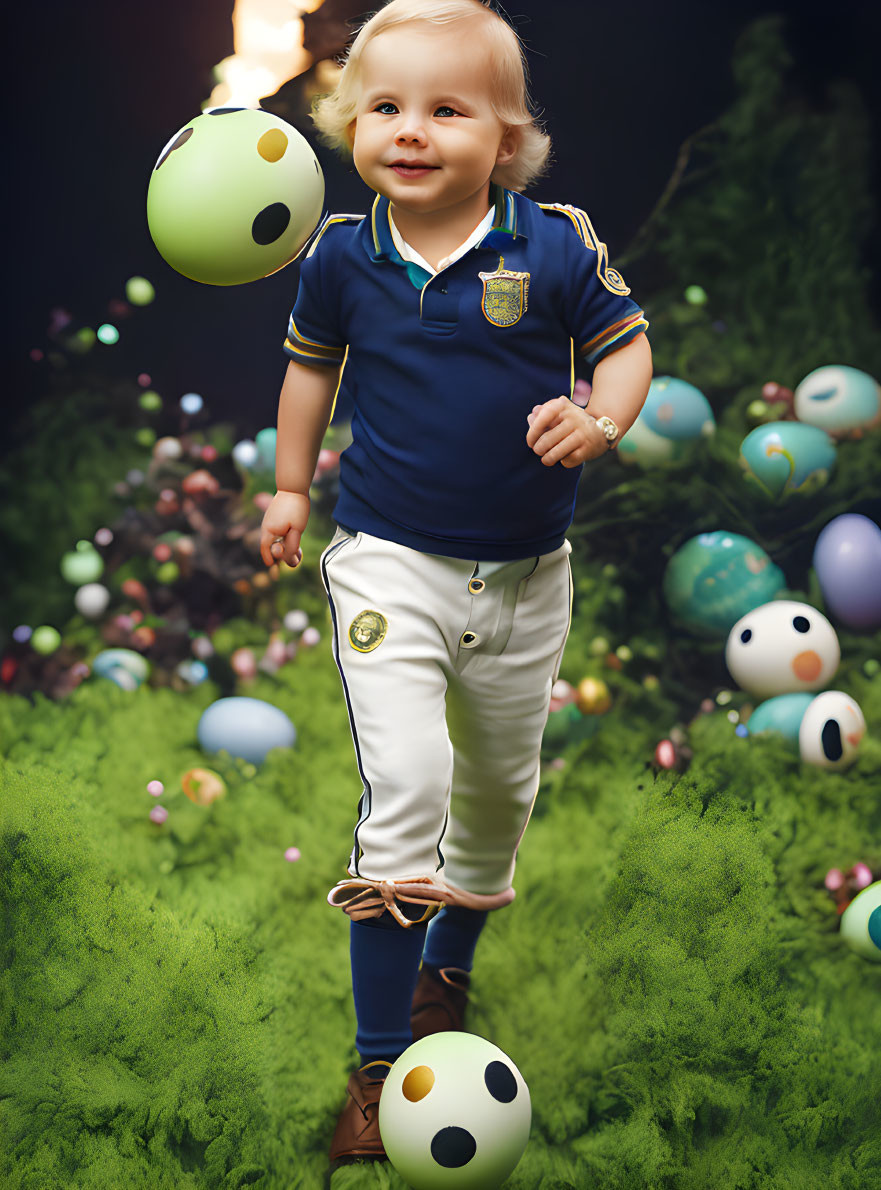 Toddler in sporty outfit plays with colorful balls on grass