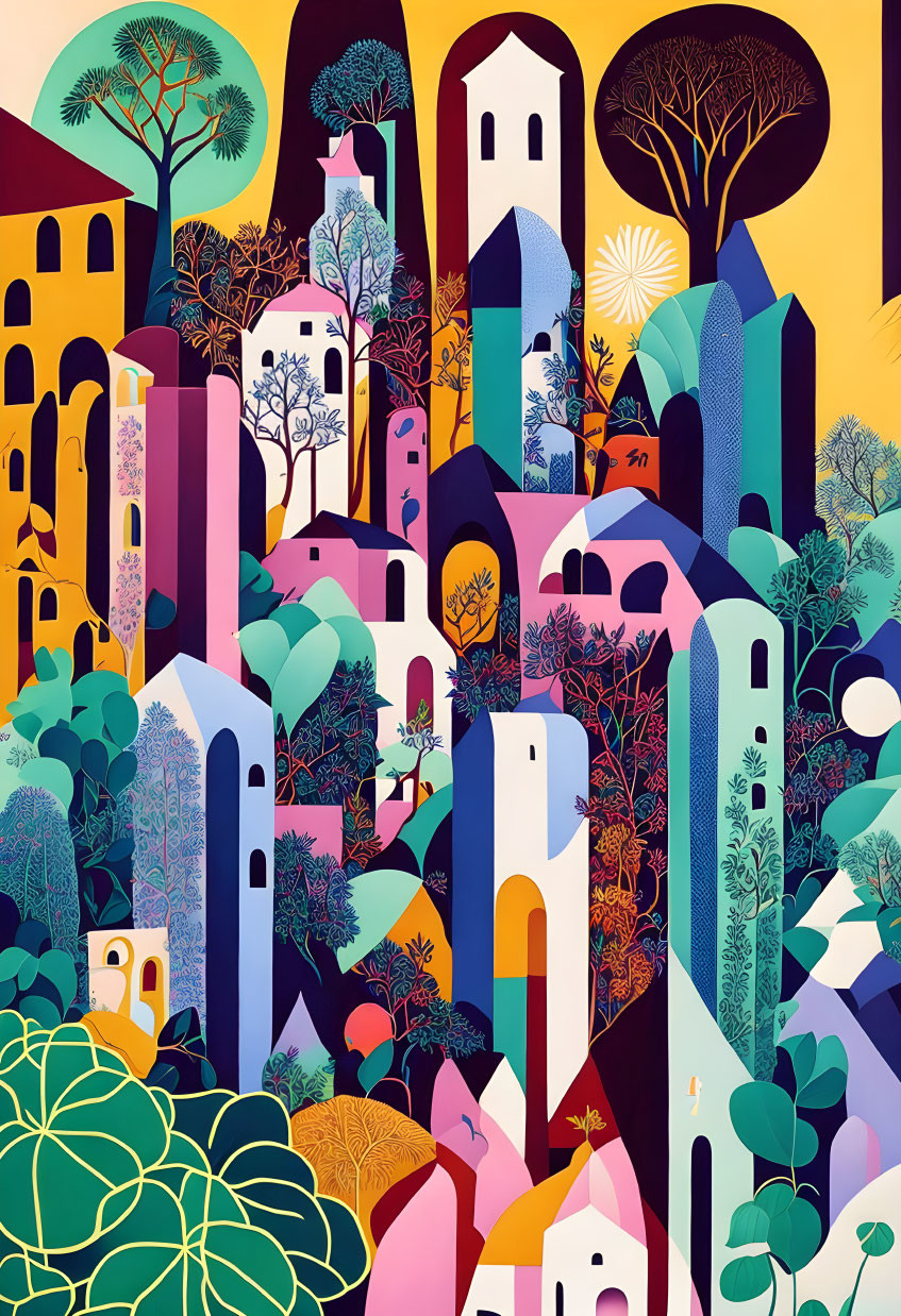 Colorful Whimsical Townscape with Stylized Buildings and Lush Foliage