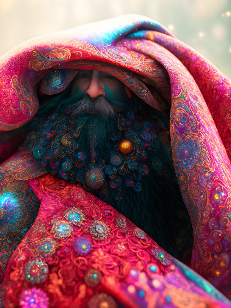 Character in Luxurious Ornate Cloak with Blue Beard