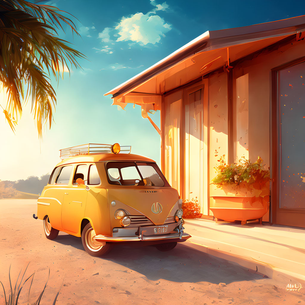 Yellow Vintage Van Parked Next to Modern House with Palm Trees