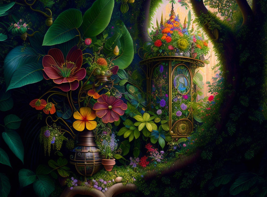 Vibrant flowers and magical lantern in serene garden