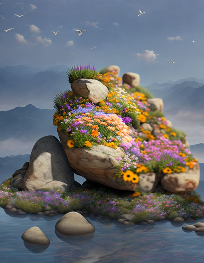 Colorful Flower Blossoms on Rocks with Mountains and Birds