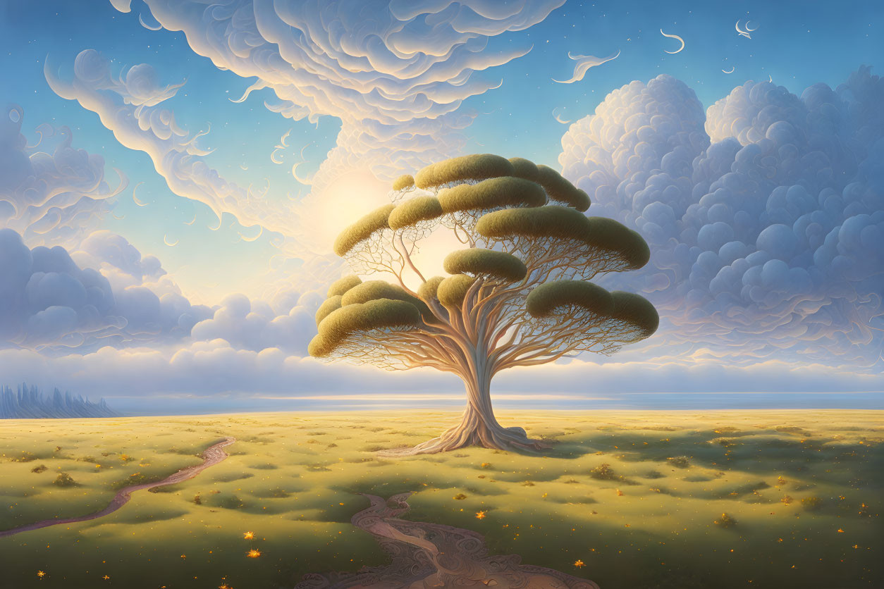 Surreal landscape with large solitary tree under dreamy sky