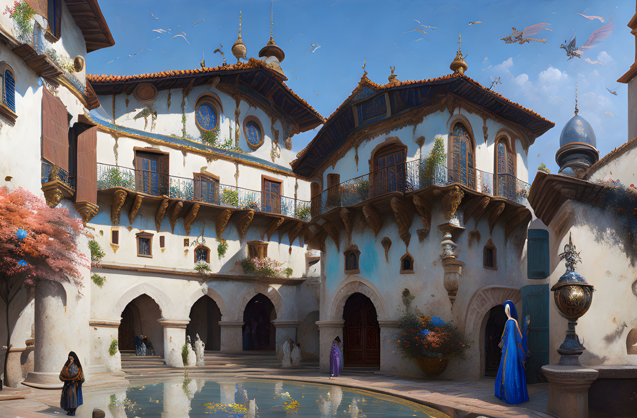 Colorful fantasy courtyard with ornate buildings, flying birds, blooming trees, and people in robes