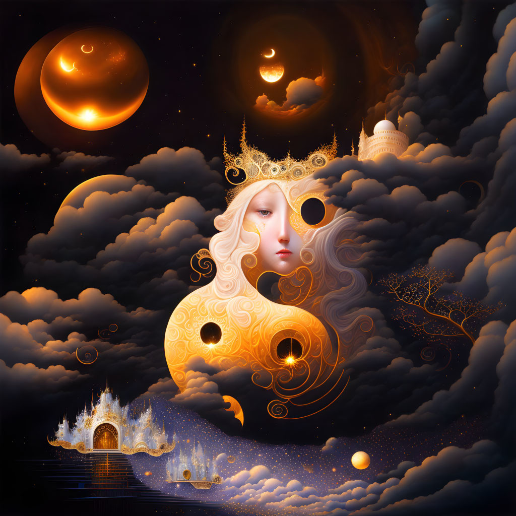 Illustration of woman's face merging with night landscape, moons, clouds, castle, golden tree.