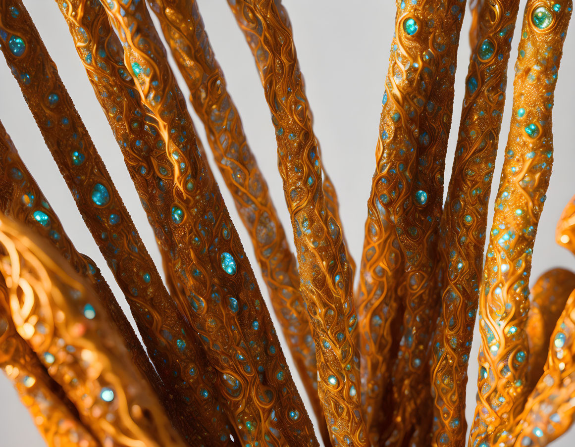 Detailed Golden Spiraled Objects with Turquoise and Orange Patterns