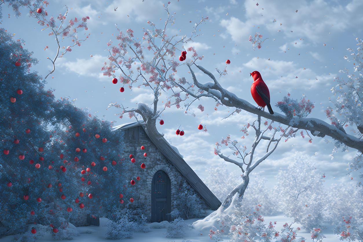 Red bird on snowy branch with red berries near small cottage in winter landscape