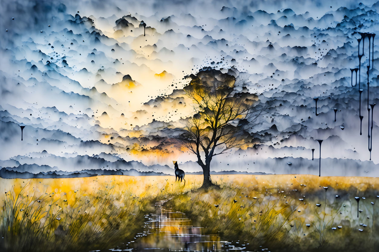 Vibrant watercolor painting of lone tree and horse under dramatic cloudy sky