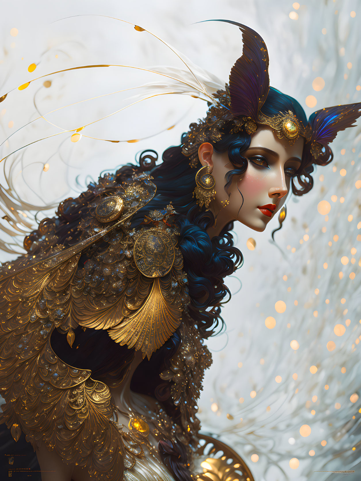 Intricate fantasy portrait of a woman in golden armor