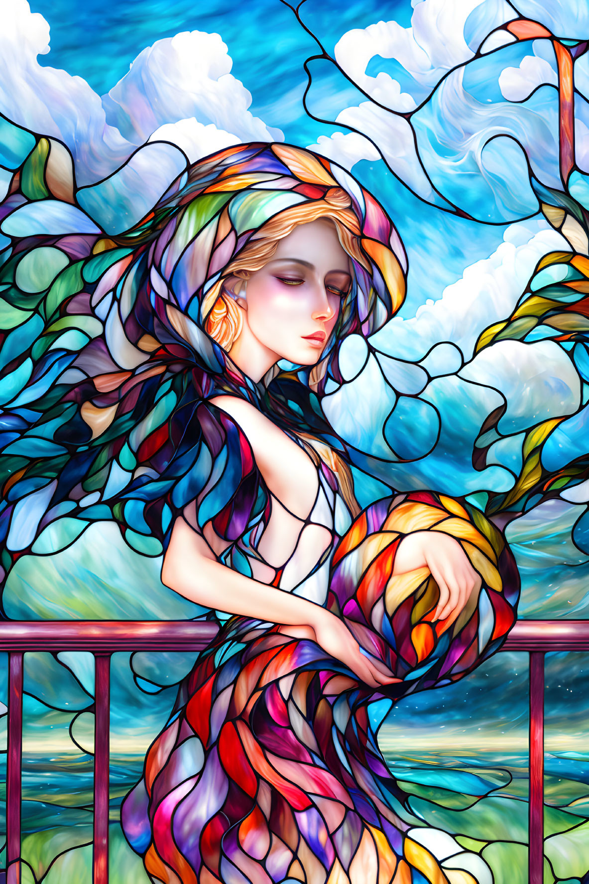 Colorful Image: Woman with Flowing Hair & Stained-Glass-Like Wings