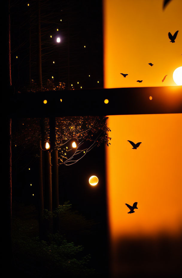 Birds silhouetted against warm orange backdrop with streetlamp glow under night sky