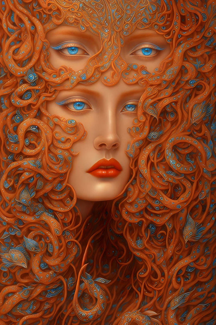 Surreal portrait of woman with vibrant blue eyes and intricate orange hair