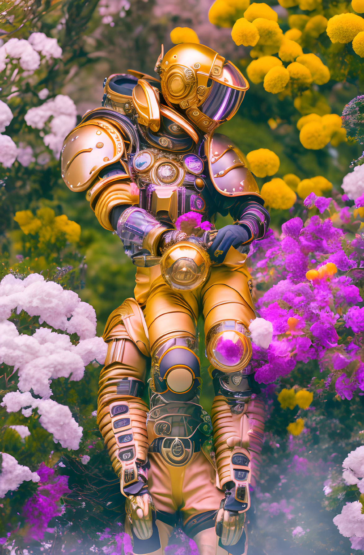 Futuristic golden armor suit person in vibrant flower field