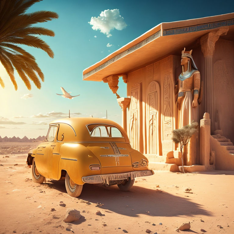 Vintage yellow car at ancient Egyptian temple in desert landscape