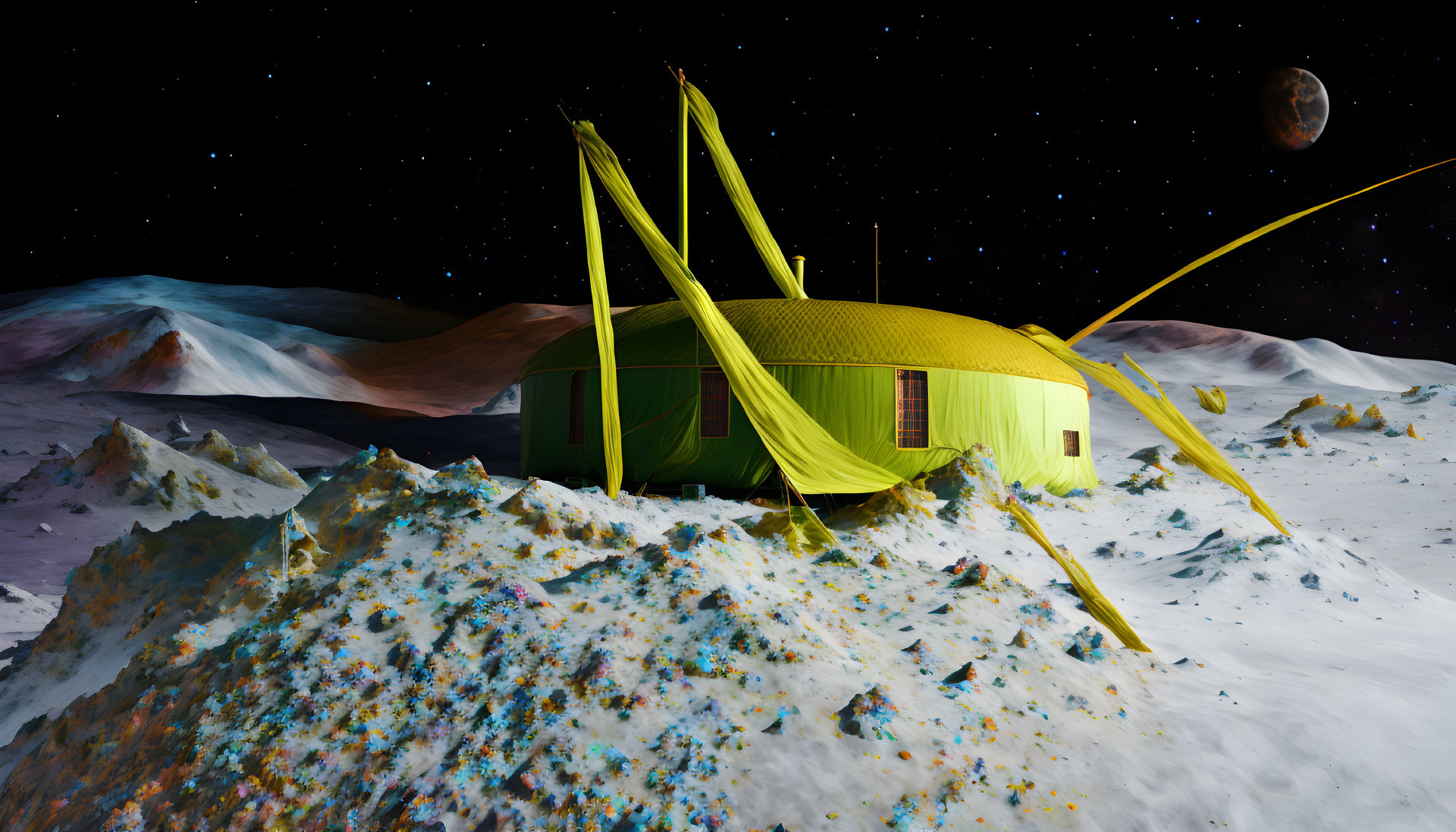 Yellow-Paneled Futuristic Habitat on Colorful Alien Landscape