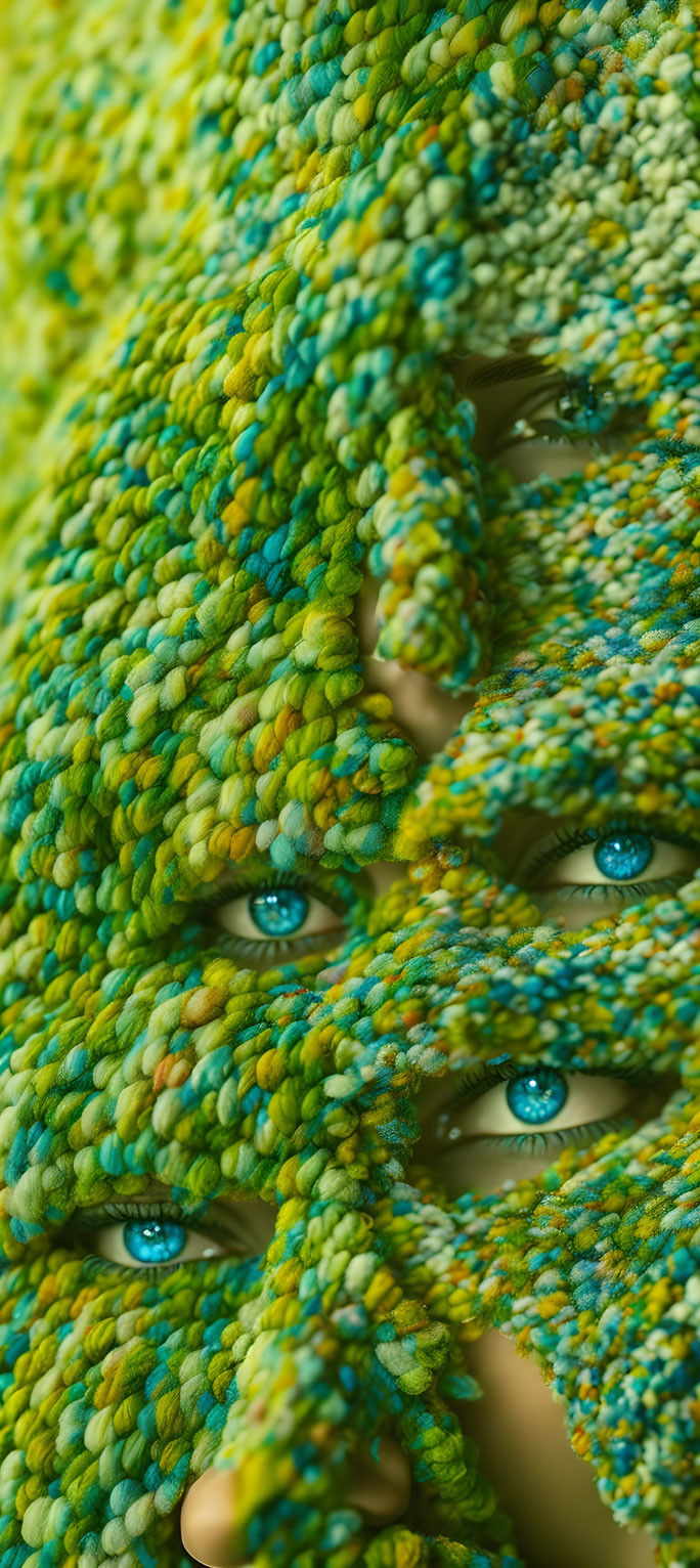 Abstract close-up with multiple eyes in green and yellow textured layers