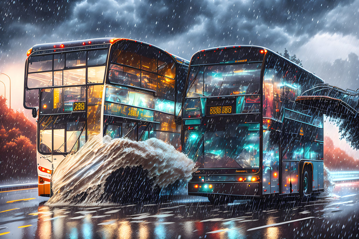 Illuminated double-decker buses on wet road in nighttime rainstorm