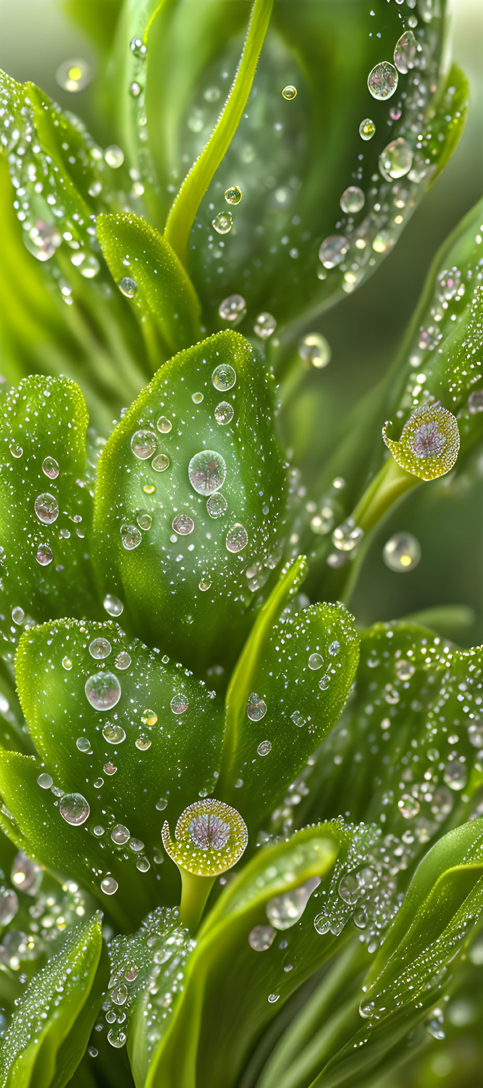 Fresh green leaves with sparkling water droplets: intricate patterns and reflections