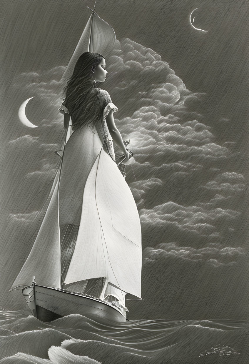 Illustration: Woman in dress merges with sailboat on moonlit sea