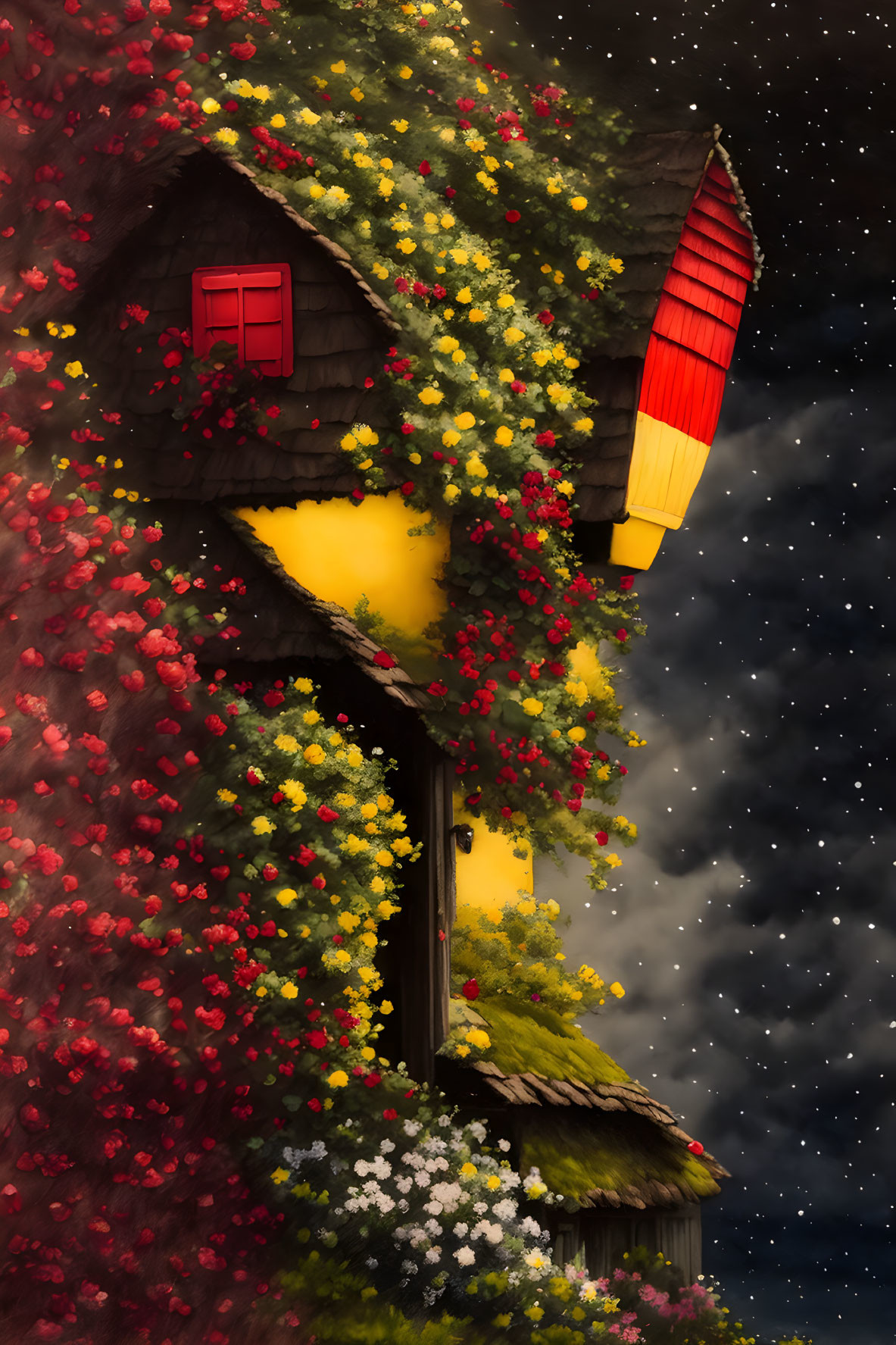 Starry Night Scene: Quaint House, Flowers, Red Lantern