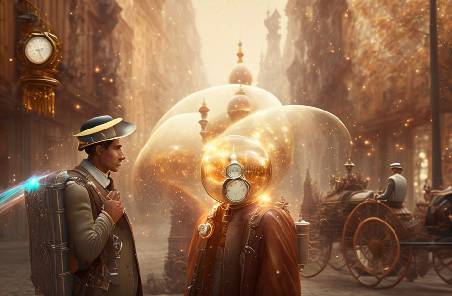 Man in vintage clothing with futuristic backpack gazes at large, translucent sphere in steampunk cityscape